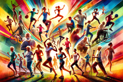 A vibrant and dynamic collage representing fitness across different ages