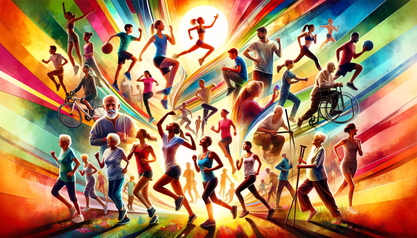 A vibrant and dynamic collage representing fitness across different ages