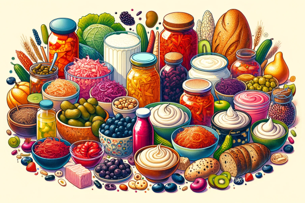 A vibrant illustration that showcases an array of fermented delicacies from around the world