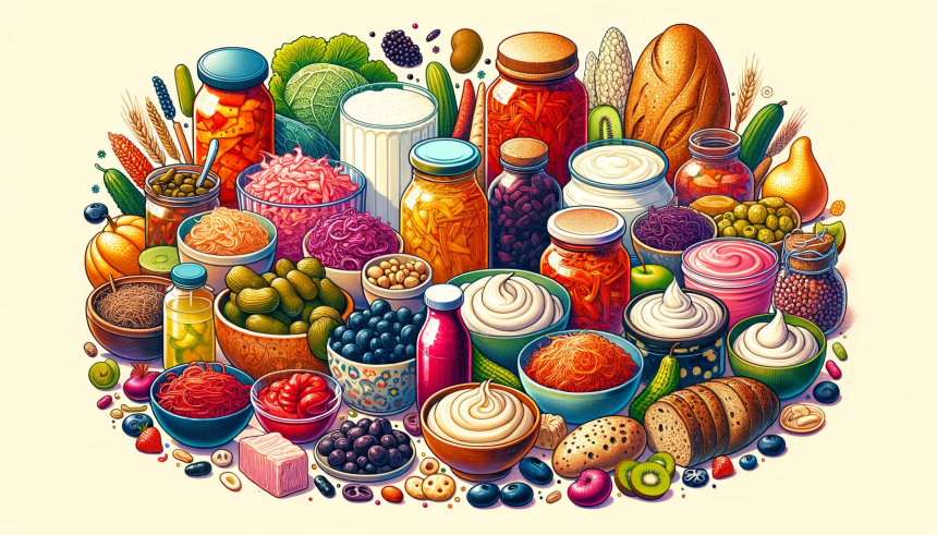 A vibrant illustration that showcases an array of fermented delicacies from around the world