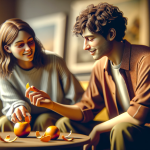 A young couple sitting together, engaging in the 'Orange Peel Test'