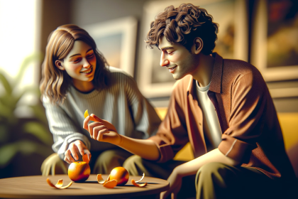 A young couple sitting together, engaging in the 'Orange Peel Test'