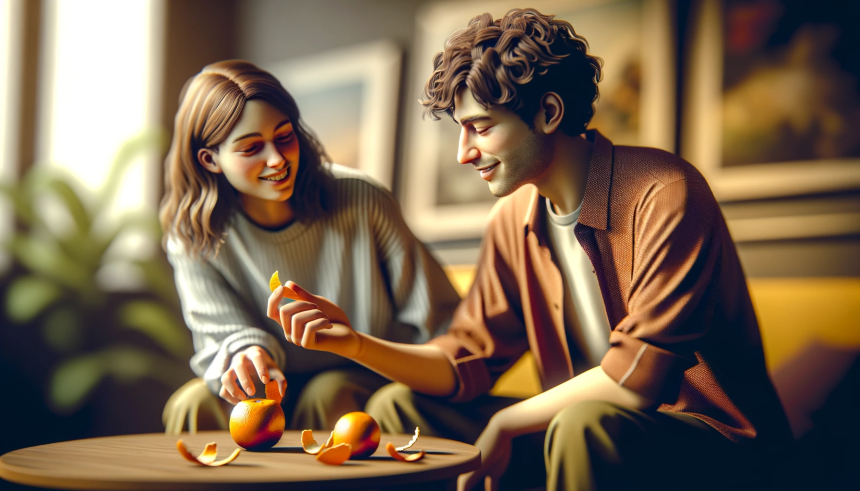 A young couple sitting together, engaging in the 'Orange Peel Test'