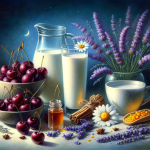 An artistic, tranquil image depicting a variety of ingredients commonly used in bedtime mocktails for sleep enhancement