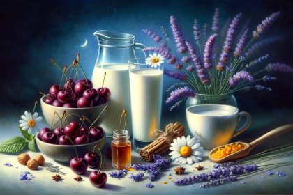 An artistic, tranquil image depicting a variety of ingredients commonly used in bedtime mocktails for sleep enhancement