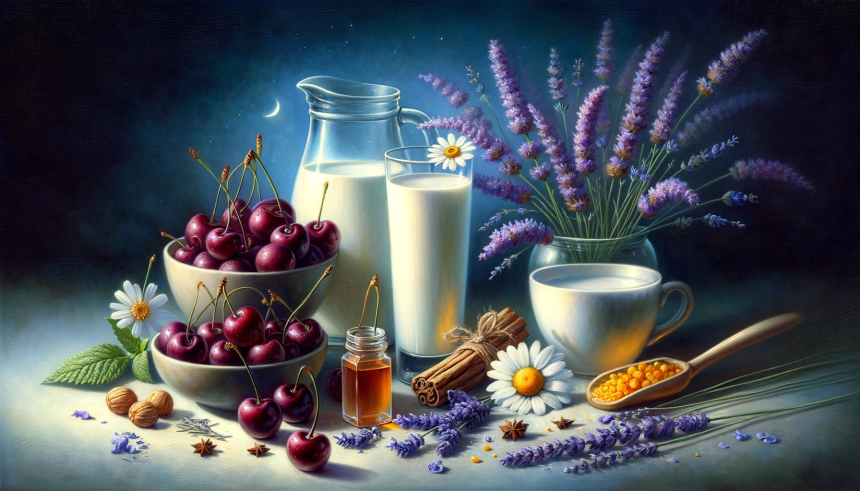 An artistic, tranquil image depicting a variety of ingredients commonly used in bedtime mocktails for sleep enhancement