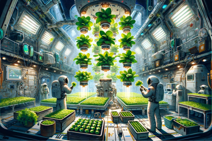 An illustration depicting the concept of growing green salads on the International Space Station (ISS)