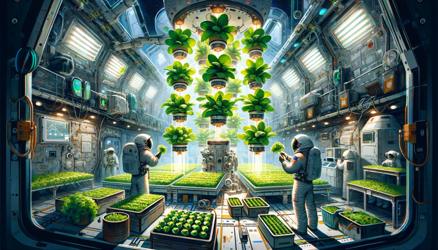 An illustration depicting the concept of growing green salads on the International Space Station (ISS)