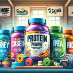 An illustration showcasing a variety of protein powder containers with vibrant labels indicating different types such as Whey, Casein, Pea, and Ricep