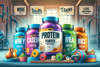 An illustration showcasing a variety of protein powder containers with vibrant labels indicating different types such as Whey, Casein, Pea, and Ricep