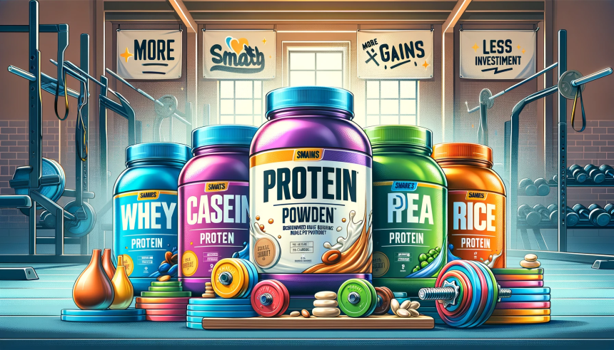 An illustration showcasing a variety of protein powder containers with vibrant labels indicating different types such as Whey, Casein, Pea, and Ricep