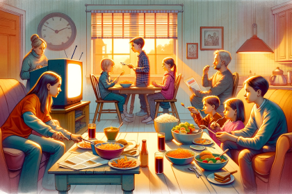 An illustration that captures the essence of the article about children eating in front of the television