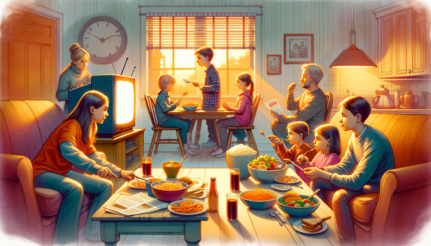 An illustration that captures the essence of the article about children eating in front of the television