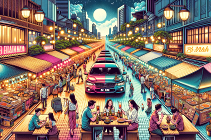 An illustration that captures the vibrant culinary scene and nightlife of BM