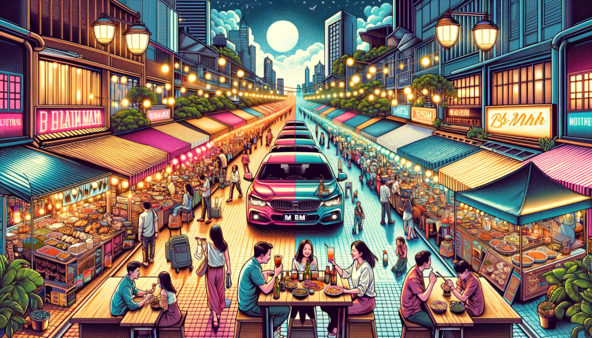 An illustration that captures the vibrant culinary scene and nightlife of BM