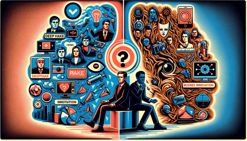 An illustration that encapsulates the dual nature of deepfake technology, highlighting both its innovative potential and the ethical dilemmas