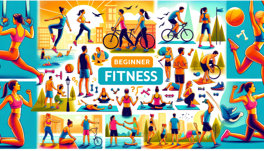 An illustration that showcases a variety of beginner-friendly fitness activities for someone starting their fitness journey