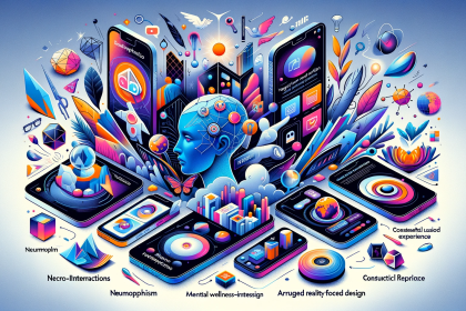 An illustration that showcases the top mobile app design trends of 2024, including 3D design elements, neumorphism, micro-interactions,etc