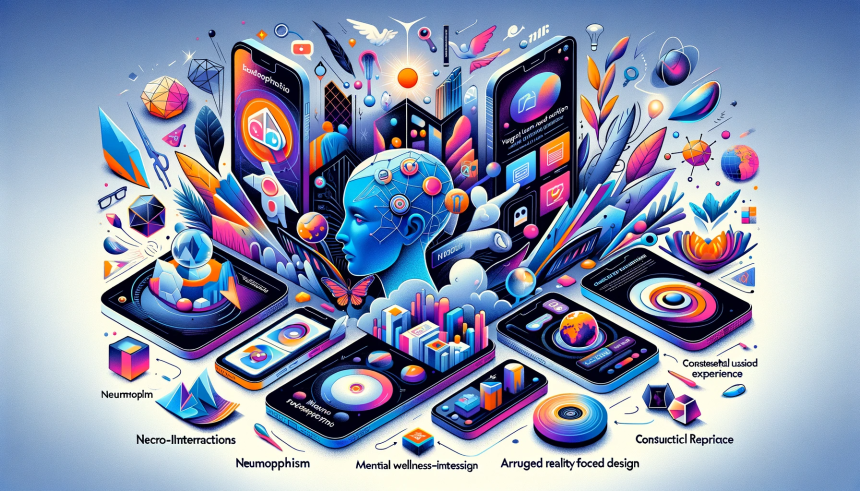 An illustration that showcases the top mobile app design trends of 2024, including 3D design elements, neumorphism, micro-interactions,etc