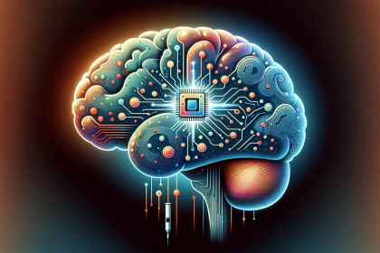 An illustration that symbolizes the concept of integrating artificial intelligence within the human brain