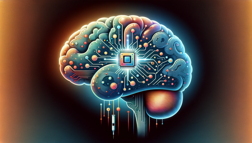 An illustration that symbolizes the concept of integrating artificial intelligence within the human brain