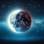 An image depicting a beautiful lunar eclipse, where the Earth's shadow is partially covering the moon, set against a backdrop of a starry night sky