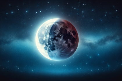 An image depicting a beautiful lunar eclipse, where the Earth's shadow is partially covering the moon, set against a backdrop of a starry night sky