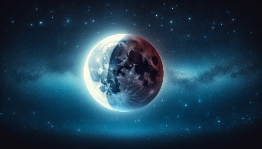 An image depicting a beautiful lunar eclipse, where the Earth's shadow is partially covering the moon, set against a backdrop of a starry night sky