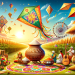 An image depicting the vibrant and festive spirit of Makar Sankranti and Pongal