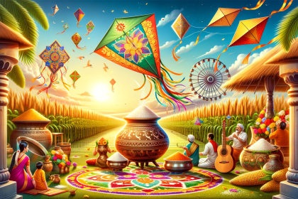 An image depicting the vibrant and festive spirit of Makar Sankranti and Pongal