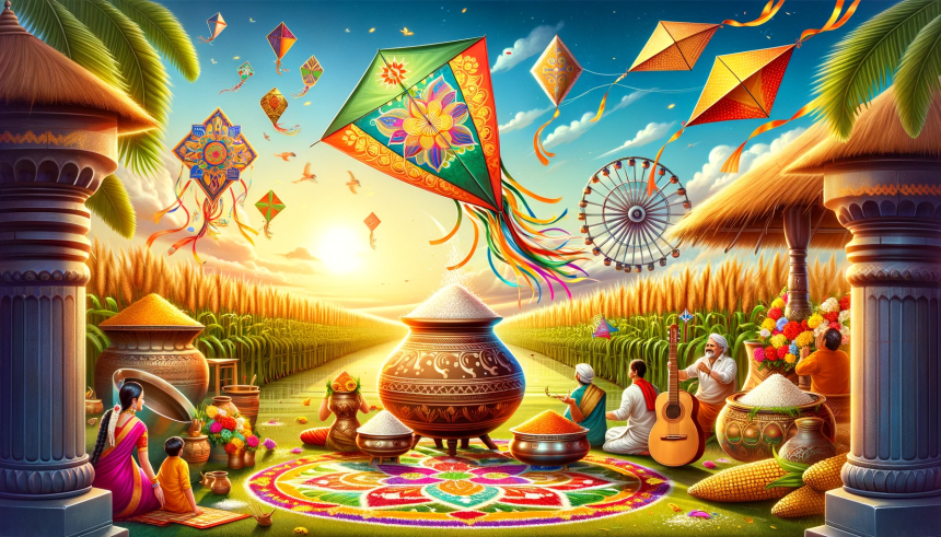 An image depicting the vibrant and festive spirit of Makar Sankranti and Pongal