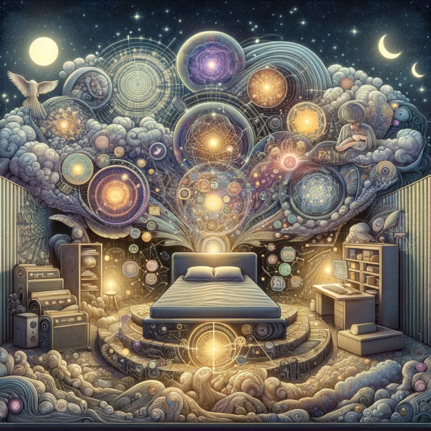 An intricate illustration that captures the multifaceted nature of sleep, showcasing its dynamic stages from light NREM to deep REM sleep