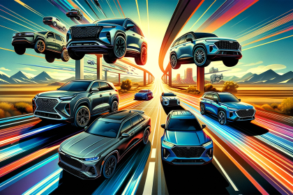 Illustration of 'Hitting the Road in Style_ Top 10 SUVs of 2023 Rule the Global Asphalt'_ A dynamic and striking portrayal of the top 10 SUVs of 2023