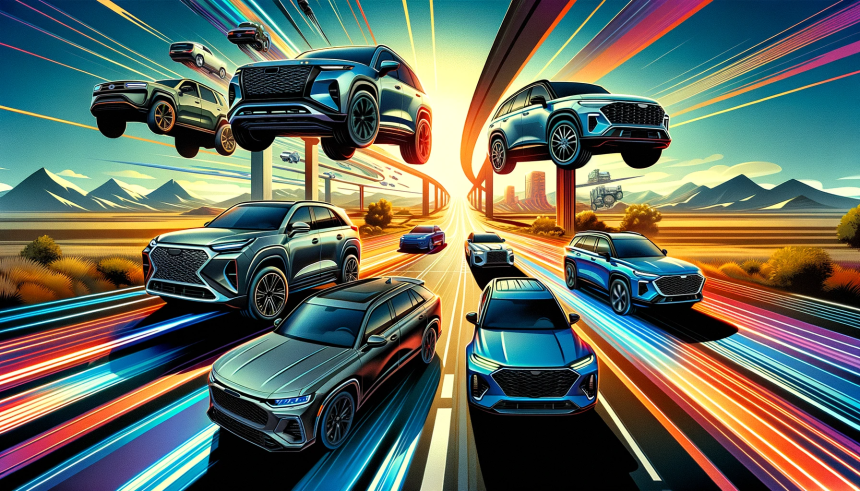 Illustration of 'Hitting the Road in Style_ Top 10 SUVs of 2023 Rule the Global Asphalt'_ A dynamic and striking portrayal of the top 10 SUVs of 2023