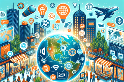 Illustration of a bustling global marketplace with representations of the top 10 consumer trends of 2024, including digital shopping, sustainable