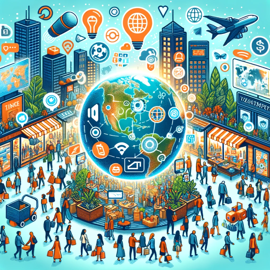 Illustration of a bustling global marketplace with representations of the top 10 consumer trends of 2024, including digital shopping, sustainable