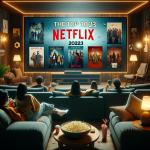 Image of a cozy home theater room with a big screen displaying the top 10 Netflix series of 2023, featuring scenes from each show and people enjoying