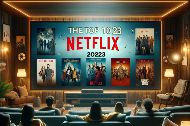 Image of a cozy home theater room with a big screen displaying the top 10 Netflix series of 2023, featuring scenes from each show and people enjoying