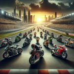 Image of a dynamic race track with the top 10 bikes of 2023 lined up, showcasing a variety of models from different manufacturers