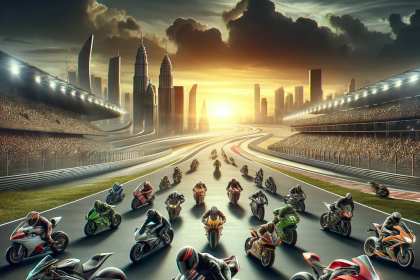 Image of a dynamic race track with the top 10 bikes of 2023 lined up, showcasing a variety of models from different manufacturers