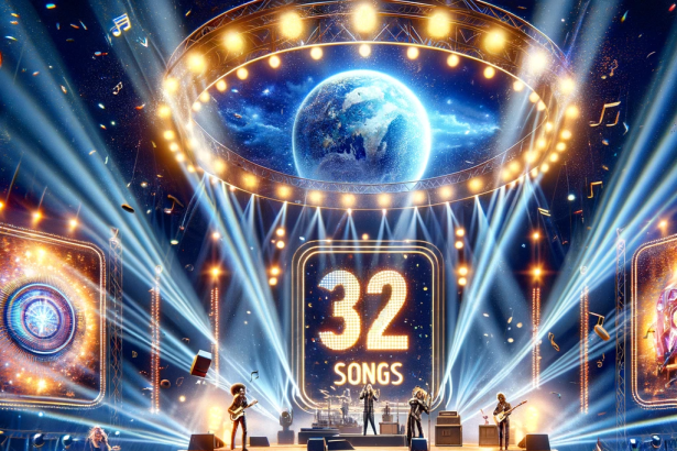 Image of a lively concert scene with a large screen displaying the top 10 songs of 2023, featuring artists performing and fans celebrating, surrounded