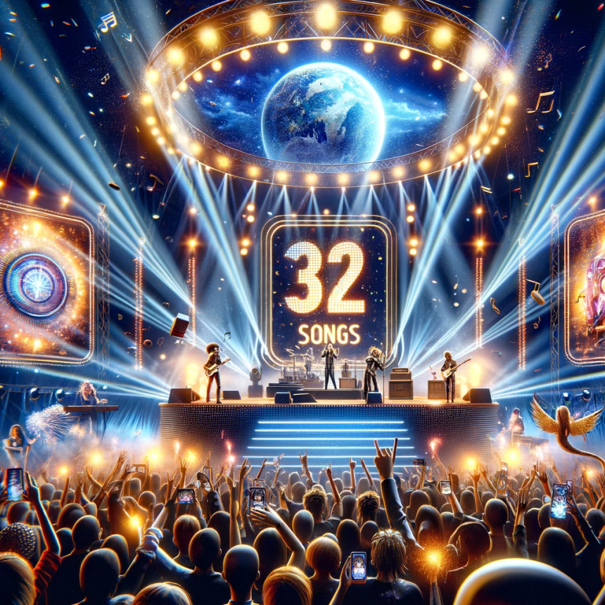 Image of a lively concert scene with a large screen displaying the top 10 songs of 2023, featuring artists performing and fans celebrating, surrounded