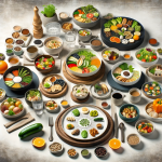 Image of a modern dining table set with various dishes representing the top 10 food trends of 2024, including plant-based options, fusion cuisine