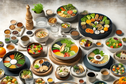 Image of a modern dining table set with various dishes representing the top 10 food trends of 2024, including plant-based options, fusion cuisine