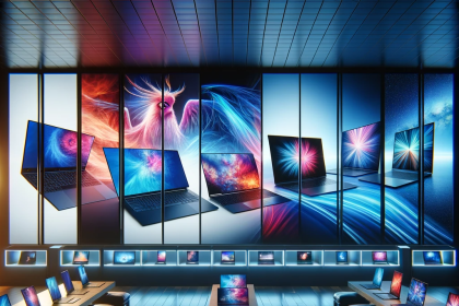 Image of a sleek and modern computer store displaying the top 10 laptops of 2023, showcasing a range of designs from ultraportable to gaming laptops,