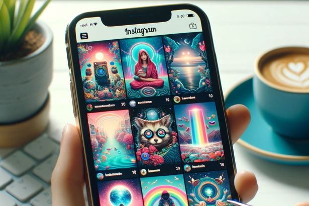 Image of a smartphone displaying Instagram app with top 10 trending visual content for 2023, including vibrant graphics, influencer posts