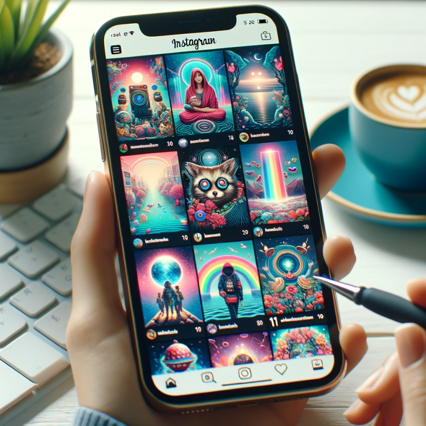 Image of a smartphone displaying Instagram app with top 10 trending visual content for 2023, including vibrant graphics, influencer posts