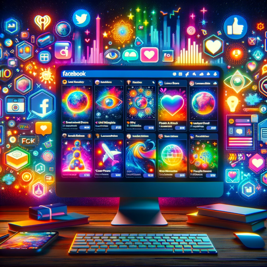 Image of a vibrant social media feed on a computer screen showing the top 10 trends rocking Facebook in 2023, featuring icons, popular posts, and user