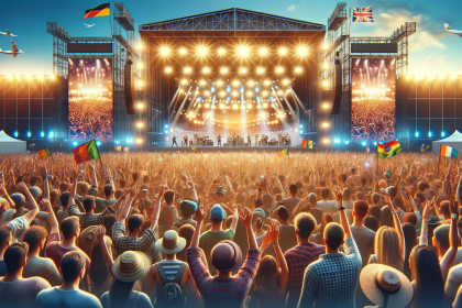 Lively music festival atmosphere, capturing the essence of global music festivals.