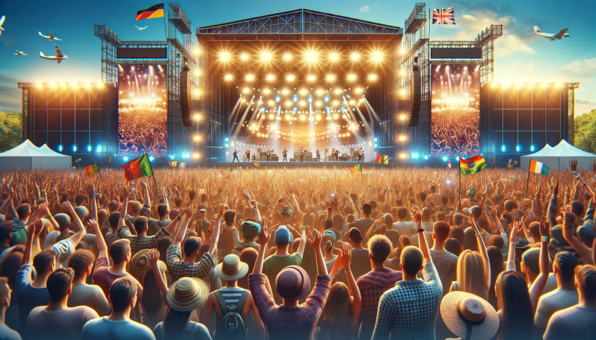 Lively music festival atmosphere, capturing the essence of global music festivals.